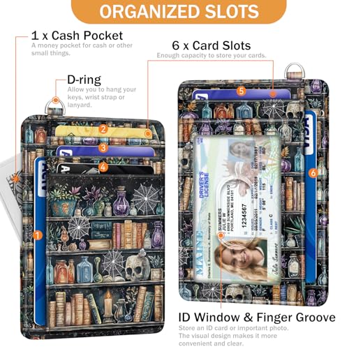 Yonlevres Goth Bookshelf Credit Card Holder RFID Wallet Women, Slim Wallet Front Pocket Small Card Holder, Funny Skull Gothic Case Organizer with ID Window PU Leather Witchy Gifts for Woman Girls - color: Book Goth
