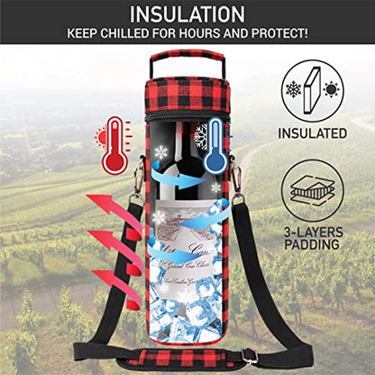 opux Wine Bag Single Bottle Carrier Tote, Insulated Wine Cooler Bag for Travel Picnic Beach with Shoulder Strap, Thermal One Bottle Holder Carrying Case Wine Gift for Women Men, Plaid Buffalo Red - color: Buffalo Plaid Red