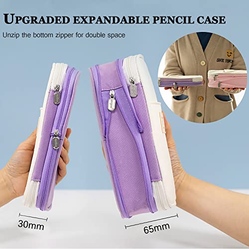 Large Capacity Pencil Case, Expandable Stationery Bag with Zipper compartments, Aesthetic Pencil Case Pouch for Office College School Students Teen Girls Boys - color: Purple Beige