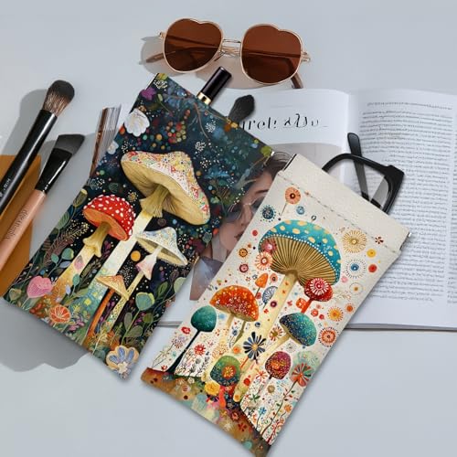Eyeglasses Sunglasses Case PU Soft Squeeze Top Glasses Pouch for Women Student,Floral Pattern Portable Anti Scratch - color: White-mushrooms07