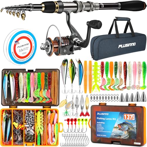 PLUSINNO Fishing Rod, Telescopic Fishing Rod and Reel Combo, Collapsible Travel Fishing Pole Rod Starter Kit, Carbon Fiber Fishing Rods and 12 +1 Bearings Stainless Steel, Fishing Gifts for Men Adults - color: Rod Combo & 137 Tackle Kit, size: 1.8m 5.91ft