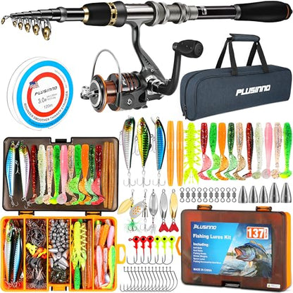 PLUSINNO Fishing Rod, Telescopic Fishing Rod and Reel Combo, Collapsible Travel Fishing Pole Rod Starter Kit, Carbon Fiber Fishing Rods and 12 +1 Bearings Stainless Steel, Fishing Gifts for Men Adults - color: Rod Combo & 137 Tackle Kit, size: 1.8m 5.91ft