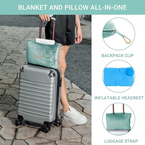 Travel Blanket & Pillow Set, 300 GSM Soft Fleece, 60x43 Inches, 3-in-1 Airplane Blanket, Travel Pillow and Blanket Set, Travel Blanket Airplane Compact with Bag, Travel Essentials,Mint Green - color: Mint Green-1