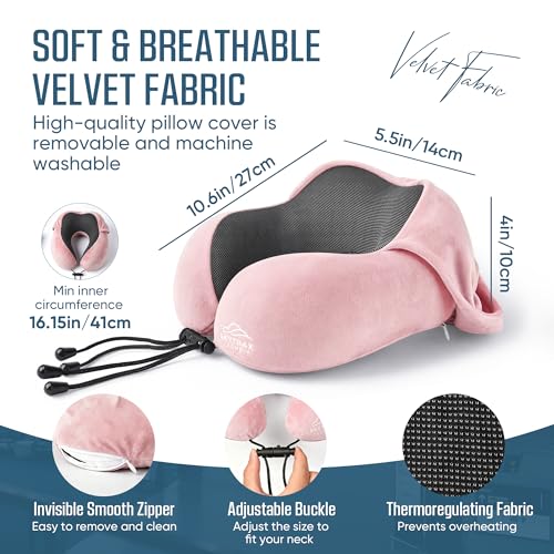 SkytraxComf® Travel Neck Pillow with Hood for Privacy on Long Flights | Memory Foam | Airplane Sleep | Safety-Tested Materials | Extra Large Hood | Chin Support | Earplugs | Washable Cover - color: Pink
