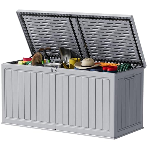 Devoko 260 Gallon Double-Wall Deck Box with Divider, Side Handles, Resin Outdoor Large Storage Box Waterproof and Lockable for Patio Furniture, Garden, Pool (Grey, 260 Gallon) - color: Grey, size: 260 Gallon 1 Pack