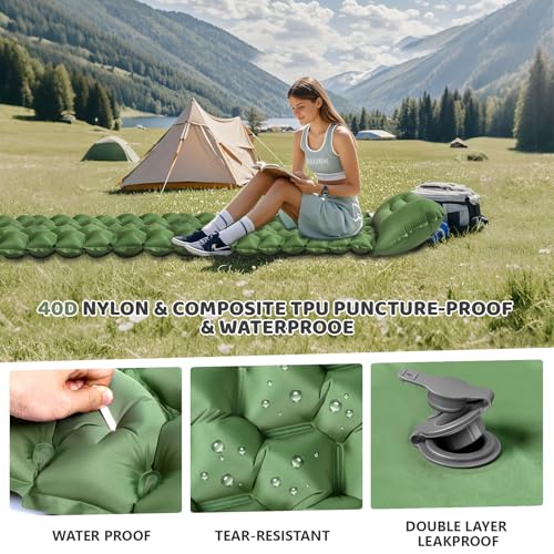 Sleeping Pad for Camping - Ultralight (1.9lbs) Inflatable Camping Mattress with Built-in Pillow & Foot Pump, 4" Thick Compact Air Pad for Backpacking, Hiking, Traveling, One-Second Deflation - color: Army Green