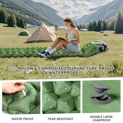 Sleeping Pad for Camping - Ultralight (1.9lbs) Inflatable Camping Mattress with Built-in Pillow & Foot Pump, 4" Thick Compact Air Pad for Backpacking, Hiking, Traveling, One-Second Deflation - color: Army Green