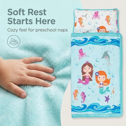EVERYDAY KIDS Toddler Nap Mat with Removable Pillow -Underwater Mermaids- Carry Handle with Fastening Straps Closure, Rollup Design, Soft Microfiber for Preschool, Daycare Sleeping Bag, Ages 2-6 years - color: Underwater Mermaids