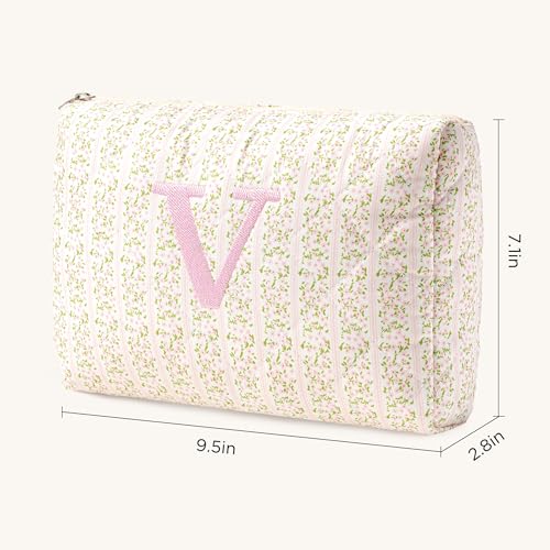 HBselect Initial Quilted Makeup Bag, Pink Cosmetic Travel Toiletry Bag, Flowers Coquette Zipper Make Up Pouch Organizer Teen Girl Gift Trendy Stuff V - color: 1Pc Medium Pinkflower, style: V