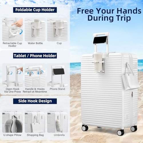 HanTrip Hard Shell Expandable Luggage Sets 2 Piece with Spinner Wheels Cup Holder, Top Opening Lightweight Luggage Rolling Suitcase with Lock, Carry On And Checked Luggage Set 2 Piece (White, 20/28) - color: White, size: Expandable 2-Piece Set(20/28)