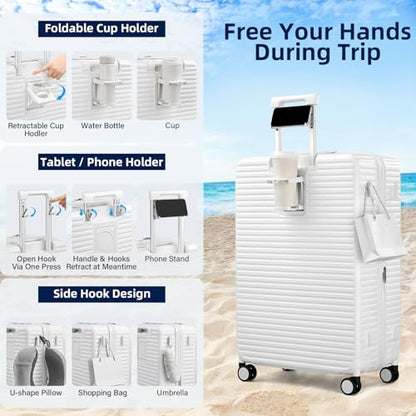 HanTrip Hard Shell Suitcases 28 Inch Large Checked Luggage with Spinner Wheels Cup Holder, Expandable Check in Luggage Lightweight Top Opening Luggage Big Rolling Suitcase with Lock, White - color: White, size: Expandable 28 Inch