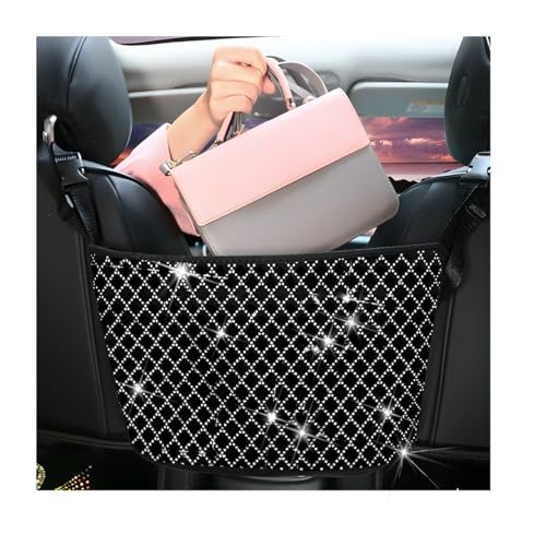 zipelo Bling Car Net Pocket Handbag Holder, Rhinestone Vehicle Backseat Purse Organizer Between Seats, Diamond Hanging Storage Bag Barrier of Pet Kids, Universal Automotive Accessories (White) - color: White