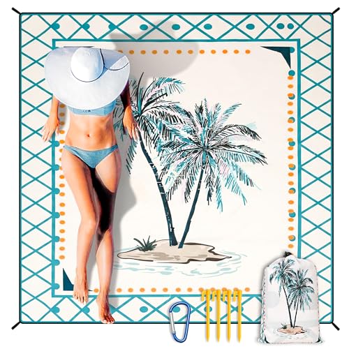 HIHOHO Beach Blanket Waterproof Sandproof Extra Large Beach Mat 79" X 83"/120"x108"for 1-8 Adults Quick Drying Durable Outdoor Picnic Mat for Beach Travel Camping Hiking - color: Coconut Tree - Lace Pattern, size: 79" X 83"（1~3 person）