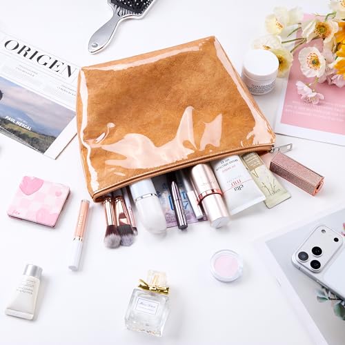 WLLWOO PVC Waterproof Makeup Bag Kraft Paper Cosmetic Bag Travel Toiletry Zipper Pouch Organizer for Women Purse - color: PVC-Brown