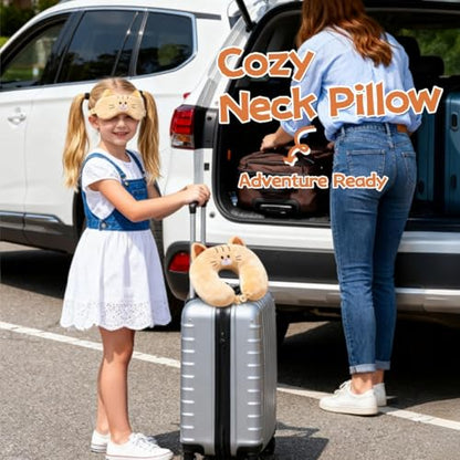 Kids Neck Pillow for Travel with Sleep Eye Mask, Cute Travel Neck Pillow, Memory Foam Flight Sleeping Headrest Pillow for Boys & Girls, Airplane, Train, Car, Home Use - Ginger Cat - color: Ginger Cat