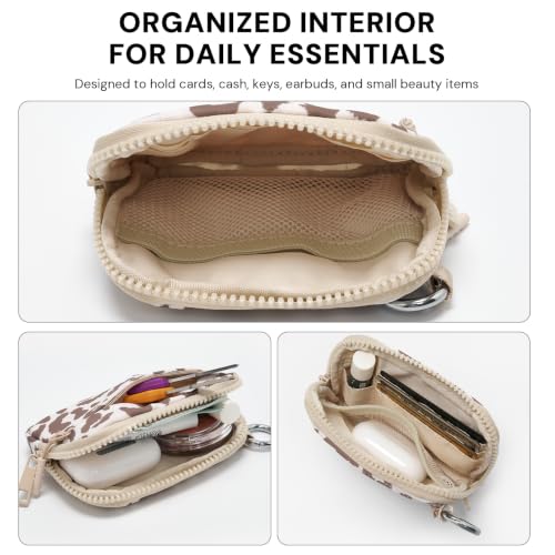 YDF Small Nylon Wristlet Wallet for Women, Minimalist Zip Keychain Coin Purse Card Case with Clear ID Window, Water-Resistant Pouch - color: Beige Leopard