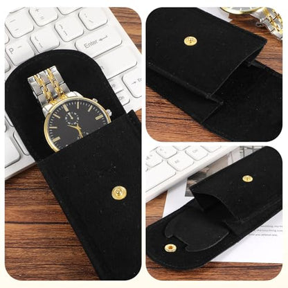 12Pcs Velvet Watch Pouch – Portable Fleece Watch Travel Case, Single Storage Bag with Snap Button & Pre-Cut Gaskets, Soft Jewelry Organizer for Men Women, Black