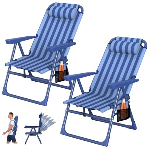 Suteck Backpack Beach Chairs for Adults 2 Pack, 6-Position Folding Reclining Chair with Cooler Bag & Cup Holder, Lightweight Portable Beach Chair for Camping, Outdoor, Sand, Travel Use - color: Deep Royalblue