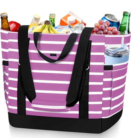 HUANLANG Soft Cooler Bag Insulated for Travel,Large Insulated Grocery Bags with Zippered Top,PEVA Collapsible Food Delivery Cooler Bag for Beach, Travel, Picnics - color: Purple and white stripes