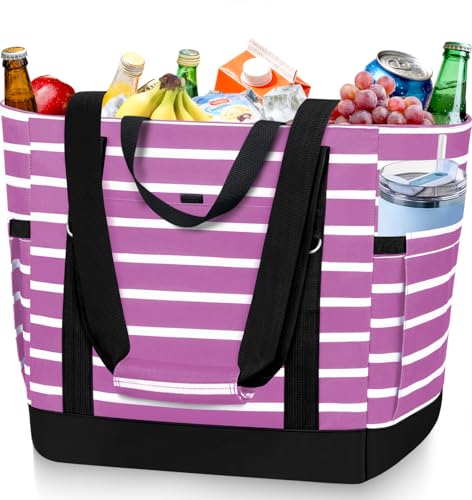 HUANLANG Soft Cooler Bag Insulated for Travel,Large Insulated Grocery Bags with Zippered Top,PEVA Collapsible Food Delivery Cooler Bag for Beach, Travel, Picnics - color: Purple and white stripes