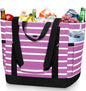 HUANLANG Soft Cooler Bag Insulated for Travel,Large Insulated Grocery Bags with Zippered Top,PEVA Collapsible Food Delivery Cooler Bag for Beach, Travel, Picnics - color: Purple and white stripes
