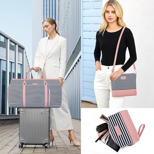 Convertible 2-in-1 Garment Bags for Travel, Carry On Garment Duffle Bag With Shoe Compartment Large Weekender Bag for Women Men Hanging Suitcase Suit Travel Duffel Overnight Bags 4pcs Set - color: Black White Stripe