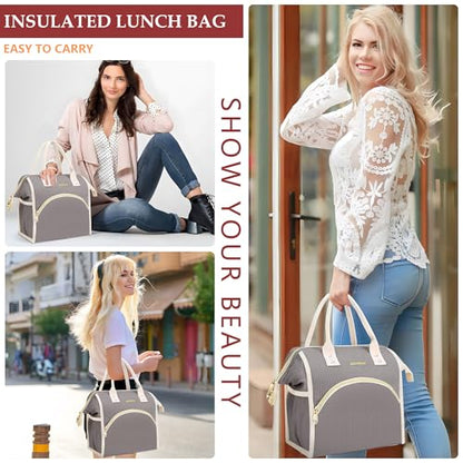 LOKASS Lunch Bag Women Insulated Lunch Box Wide-Open Lunch Tote Bag Large Cooler Bag for Work Picnic Hiking Beach（Dark Gray） - color: Charcoal Gray