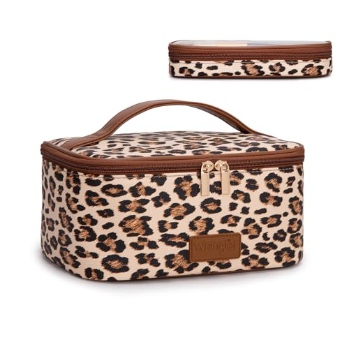 Montana West X Wrangler Travel Makeup Bag 2pcs Set Large Cosmetic Bag with Makeup Brush Holder Portable Make Up Organizer Cute Toiletry Bag with Divider and Handle for Women Leopard - color: Leopard