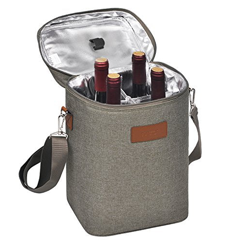 Tirrinia 4 Bottle Wine Gift Carrier - Leakproof & Insulated Padded Portable Wine Carrying Cooler Tote Bag for Travel, BYOB Restaurants, Wine Tasting, Parties, Gift for Wine Lovers, Grey - color: Grey, size: 4 Bottle-without front pocket
