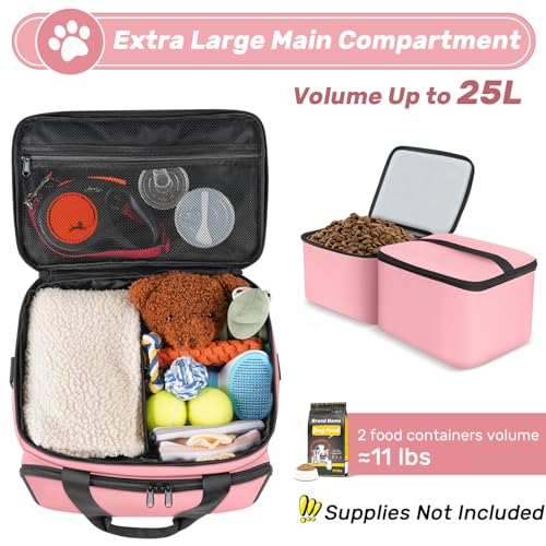 6 Set Dog Travel Bag, Large Pet Supplies for Dogs, Includes 2 Collapsible Dog Bowls, 2 Food Containers, 1 Treat Pouch with Pet Travel Bag, Pink - color: Pink