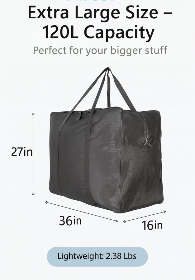 Extra Large Foldable Duffel Bag for Travel – Heavy-Duty Cargo Bag with Zippers & Reinforced Handles, TSA Approved, Water-Resistant, Security strap 36x27x16inch, load up to 120 lb - size: 36 inch