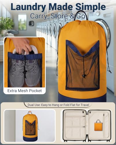 Laundry Bag with Shoulder Straps and Mesh Pocket Laundry Backpack Large Portable Laundry Hamper for College Laundromat Apartment - color: Yellow & Blue