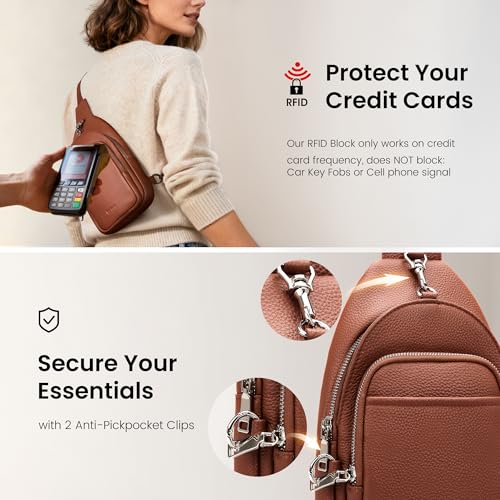 befen Genuine Leather Small Sling Bag for Women Anti-Theft Crossbody Chest Bags Multi-Pockets Fanny Pack with RFID Card Slots - color: Cognac Brown