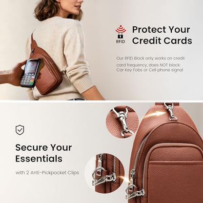 befen Genuine Leather Small Sling Bag for Women Anti-Theft Crossbody Chest Bags Multi-Pockets Fanny Pack with RFID Card Slots - color: Cognac Brown