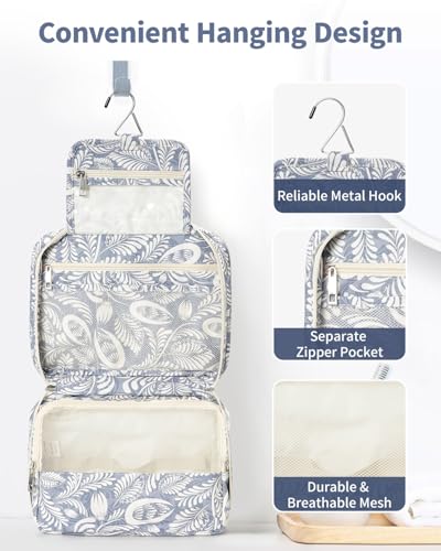 Narwey Small Hanging Travel Toiletry Bag for Women, Travel Bag for Toiletries, Makeup Bag Organizer Cosmetic Bags Make Up Bags for Girls - color: Blue Leaf