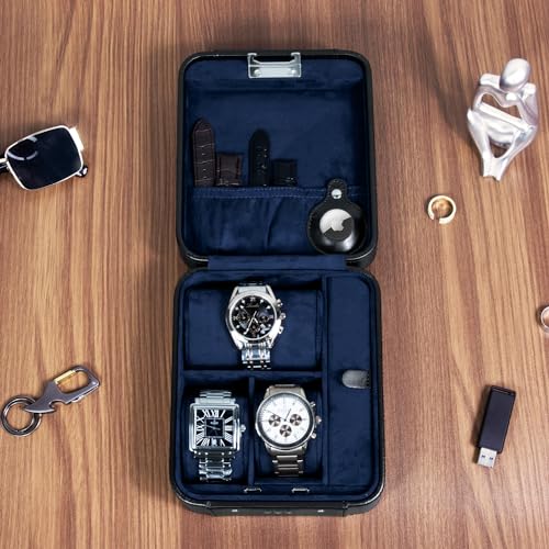 KAMIER Watch Case with Combination Lock - 4 Watch Storage and Jewelry Organizer - Watch Travel Case for Ring and Watch Storage, PU Leather Travel Watch Case, Ideal for Gift (With Gift Box),Black - color: Black