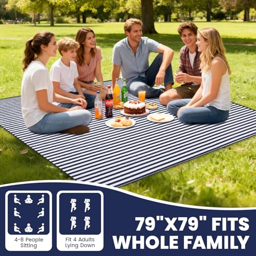G GOOD GAIN Waterproof Picnic Blanket, 79"x79" Extra Large Beach Mat for 6 to 8 Adults, Machine Washable Outdoor Blanket for Camping, Grass, Park, Camping, Concerts, MiddleNavy - color: Middlenavy