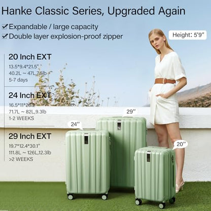 Hanke 24 Inch Expandable Checked Luggage Lightweight PC Hard Shell Luggage Suitcases with Wheels Travel Luggage Rolling Large Suitcase Travel Luggage Bag for Go to University.(Bamboo Green) - color: Bamboo Green, size: Expandable 24 Inch
