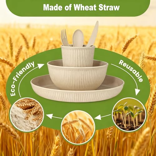 36-Piece Reusable Wheat Straw Dinnerware Sets for 6, Farielyn-X Unbreakable Reusable Set Kitchen Cups, Plates, Bowls Sets & Cultery Dishwasher Microwave Safe - Patio, Outdoors, RV, Camping Dishes