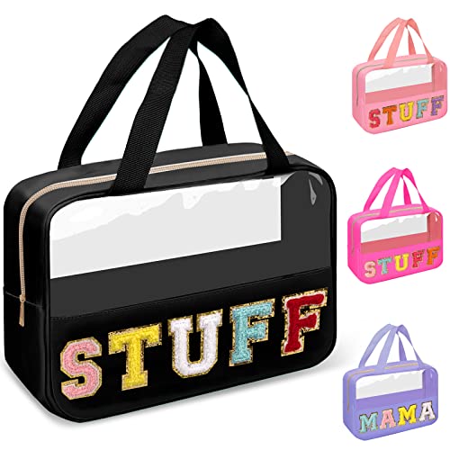 Chenille Letter Clear Makeup Bags Stuff Tote, Preppy Patch Makeup Bag Zipper with Handle, Waterproof PVC & Nylon Portable Glitter Large Cosmetic Travel Toiletry Storage for Women Girls(STUFF-Black) - color: STUFF-Black