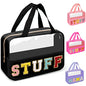Chenille Letter Clear Makeup Bags Stuff Tote, Preppy Patch Makeup Bag Zipper with Handle, Waterproof PVC & Nylon Portable Glitter Large Cosmetic Travel Toiletry Storage for Women Girls(STUFF-Black) - color: STUFF-Black