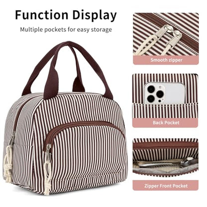 Lunch Bag Women Lunch Box for Women Adult Cute Insulated Lunch Bag Small Cooler Lunch Tote Bags for Work Picnic Travel (Coffee Stripes) - color: Coffee Stripes