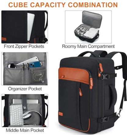 Lumesner Carry on Travel Backpacks, Extra Large 40L Flight Approved Bag for Men & Women,Expandable Suitcase Backpack With 4 Packing Cubes,Water Resistant Luggage Daypack Business Weekender Bag, Black - color: Black