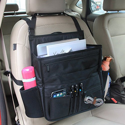 LUXJA Car Front Seat Organizer with Laptop and Tablet Storage Pockets, Car Seat Organizer with Back Adjustable Straps, Black - color: Black