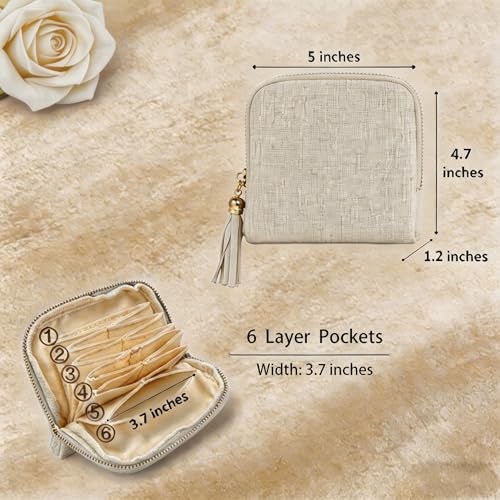 Small Travel Jewelry Case for Women, 6-Layer Velvet Organizer Pouch with Zipper, Anti-Scratch Portable Bag for Bracelets, Rings, Earrings & Necklaces (White) - color: White