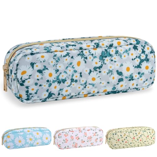 izuzta Nylon Small Floral Makeup Bag Slim Pouch, Preppy Cute Makeup Brush Case Bag Flower Cosmetic Zipper Pouch Purse, Waterproof Travel Toiletry Bag Coin Pouch Make Up Organizer Women(Green-Daisy) - color: Green-Daisy, size: Slim