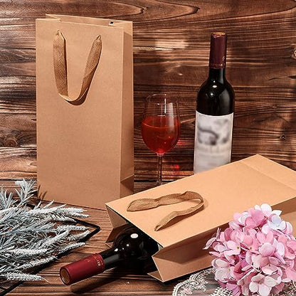 Yeaqee 50 Pack Wine Bags for Wine Double Bottles Gifts Carriers 6.6x3.6x13.8 Craft Bottle Bags Bulk with Handles Paper Tumbler Carriers, Party Gift Pocket with Handle(Brown) - color: Brown