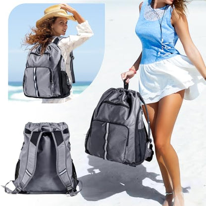 Large Beach Backpack Waterproof Sandproof - Customized Oversized Drawstring Pool Bag with Shoe Compartment for Toiletries, Towels, Gym, Travel - color: Grey