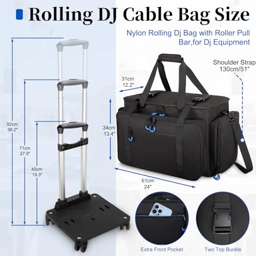 Rolling Dj Cable Bag with Laptop and Microphone Pocket, Dj Bag for Equipment and Music Accessories with Detachable Dividers, Bottom Pad, Dj Gig Bags for Musicians, Professional, Travel, Blue - color: Blue, style: Rolling Dj Cable Bag