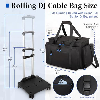 Rolling Dj Cable Bag with Laptop and Microphone Pocket, Dj Bag for Equipment and Music Accessories with Detachable Dividers, Bottom Pad, Dj Gig Bags for Musicians, Professional, Travel, Blue - color: Blue, style: Rolling Dj Cable Bag